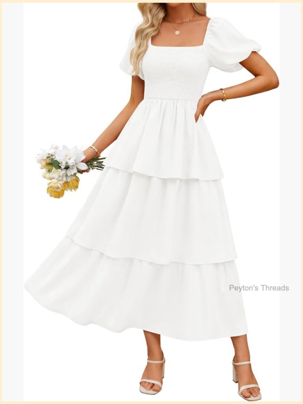 Summer Smocked Midi Dress Puff Short Sleeve Flowy Tiered Boho - Picture 1 of 7